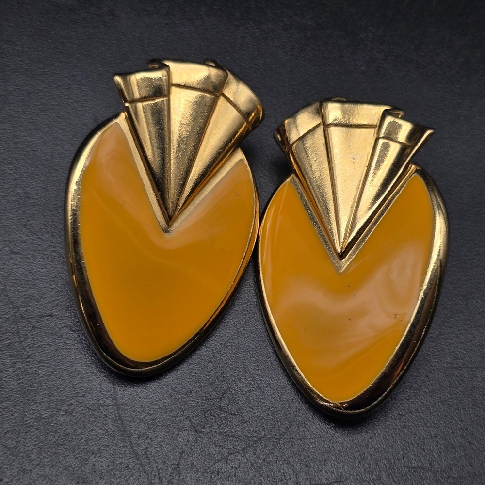 Avon Yellow Enamel Fanned Earrings Pierced Post 1980s Costume Jewelruy